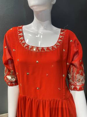 Rust embroidered georgette fully stitched flared anarkali gown 5