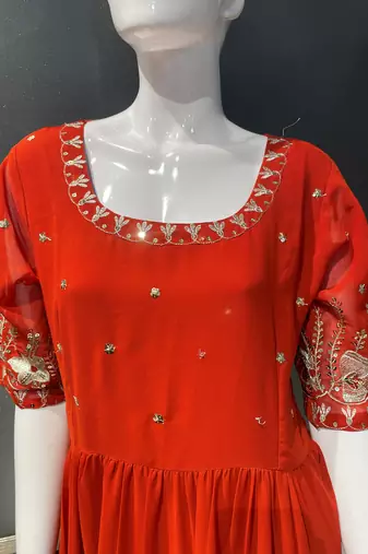 Rust embroidered georgette fully stitched flared anarkali gown