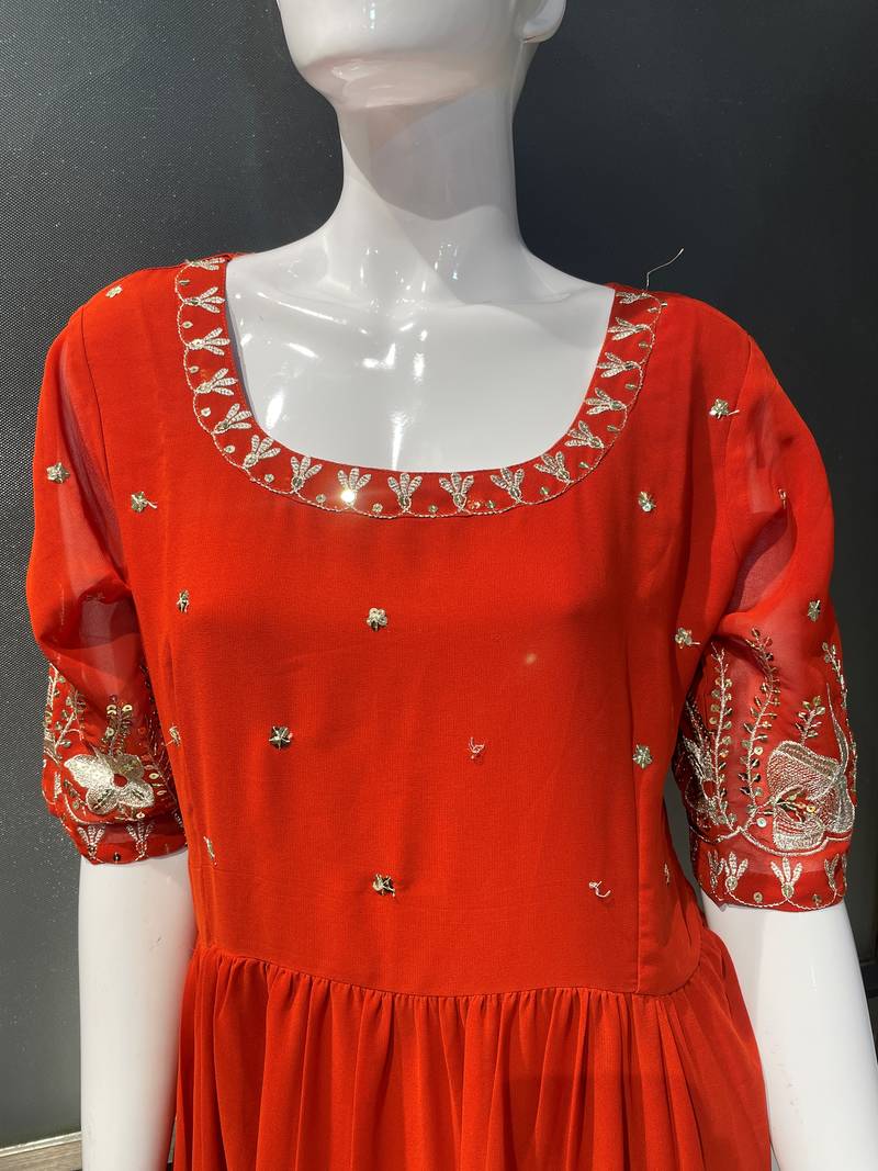 Rust embroidered georgette fully stitched flared anarkali gown
