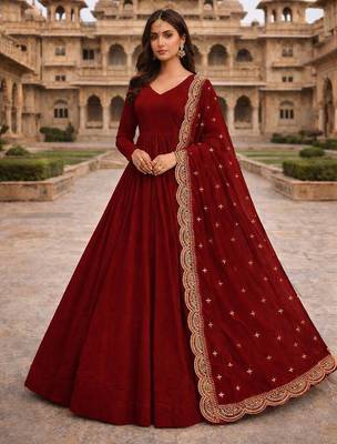 Maroon georgette stitched anarkali gown with zari embroidered dupatta ethnic wear 1
