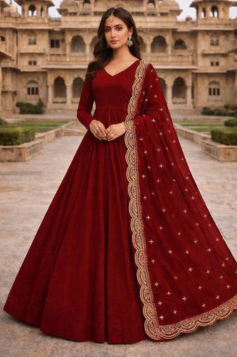 Maroon georgette stitched anarkali gown with zari embroidered dupatta ethnic wear