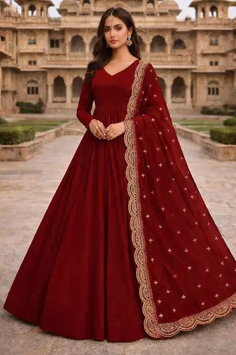 Maroon georgette stitched anarkali gown with zari embroidered dupatta ethnic wear