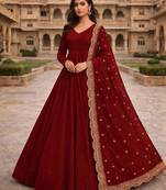 Maroon georgette stitched anarkali gown with zari embroidered dupatta ethnic wear