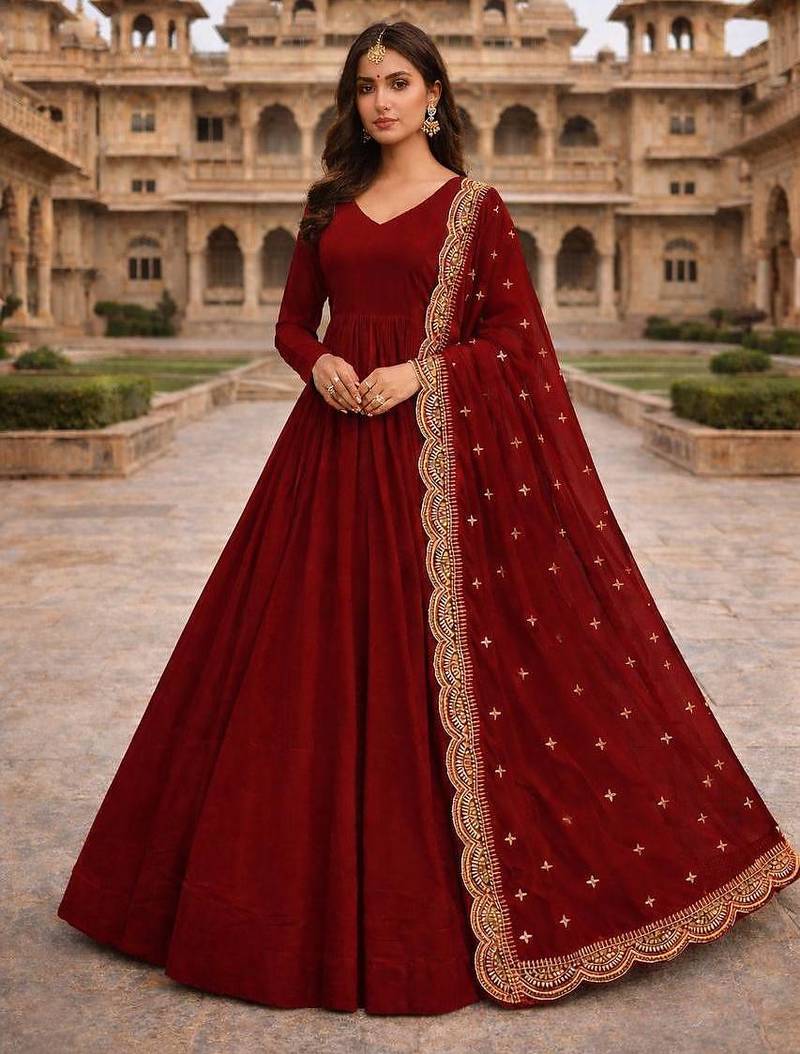 Maroon georgette stitched anarkali gown with zari embroidered dupatta ethnic wear