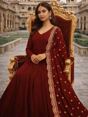Maroon georgette stitched anarkali gown with zari embroidered dupatta ethnic wear 2