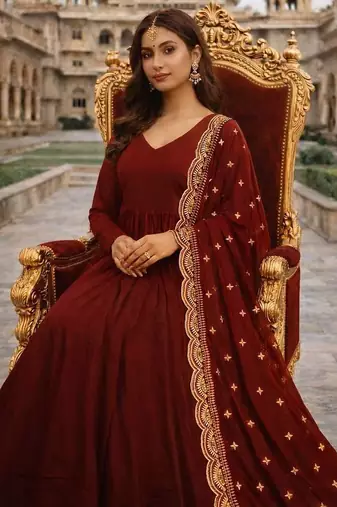 Maroon georgette stitched anarkali gown with zari embroidered dupatta ethnic wear