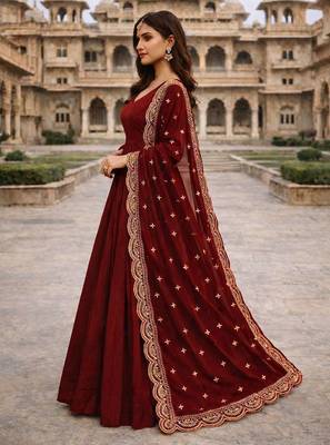 Maroon georgette stitched anarkali gown with zari embroidered dupatta ethnic wear 3