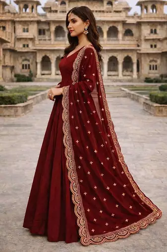Maroon georgette stitched anarkali gown with zari embroidered dupatta ethnic wear