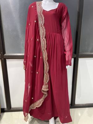 Maroon georgette stitched anarkali gown with zari embroidered dupatta ethnic wear 4