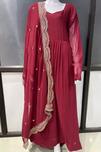 Maroon georgette stitched anarkali gown with zari embroidered dupatta ethnic wear