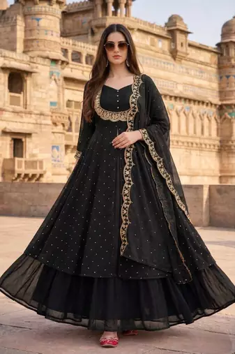 Black embroidered vichitra silk fully stitched lehenga set with dupatta