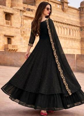 Black embroidered vichitra silk fully stitched lehenga set with dupatta 2