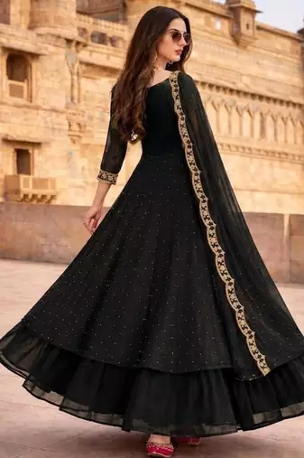 Black embroidered vichitra silk fully stitched lehenga set with dupatta