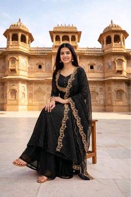 Black embroidered vichitra silk fully stitched lehenga set with dupatta 3