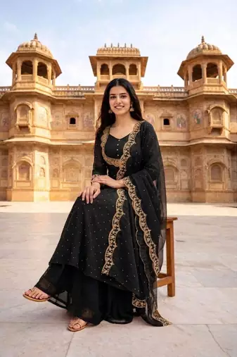 Black embroidered vichitra silk fully stitched lehenga set with dupatta
