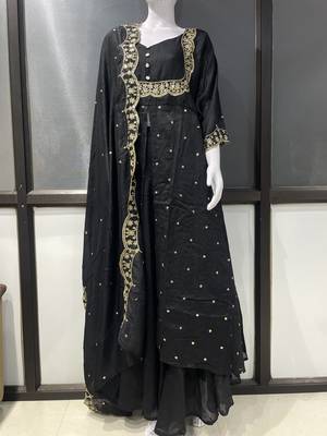 Black embroidered vichitra silk fully stitched lehenga set with dupatta 4