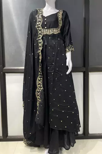 Black embroidered vichitra silk fully stitched lehenga set with dupatta