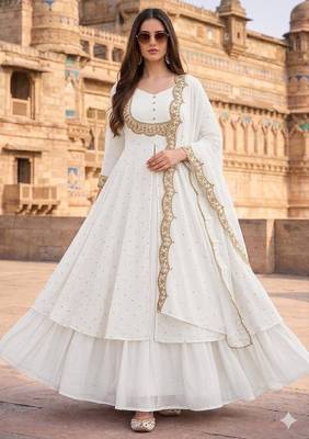White embroidered vichitra silk fully stitched lehenga set with dupatta 1