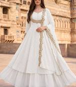 White embroidered vichitra silk fully stitched lehenga set with dupatta