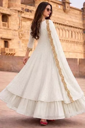 White embroidered vichitra silk fully stitched lehenga set with dupatta