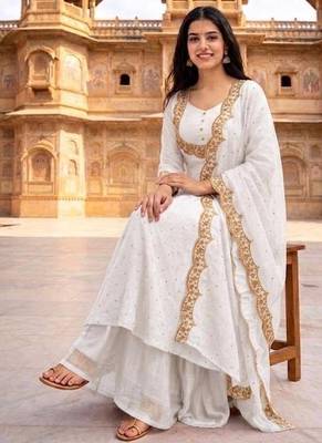 White embroidered vichitra silk fully stitched lehenga set with dupatta 3