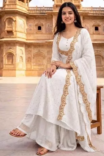 White embroidered vichitra silk fully stitched lehenga set with dupatta