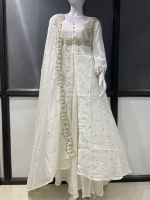 White embroidered vichitra silk fully stitched lehenga set with dupatta 4
