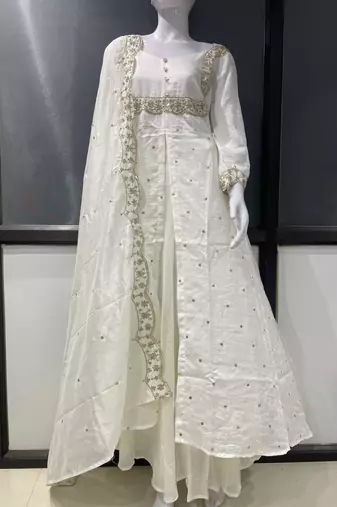 White embroidered vichitra silk fully stitched lehenga set with dupatta