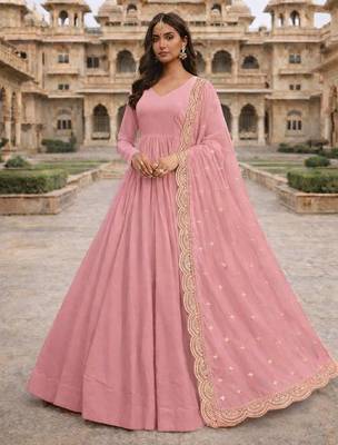 Baby pink georgette stitched anarkali gown with zari embroidered dupatta ethnic wear 1