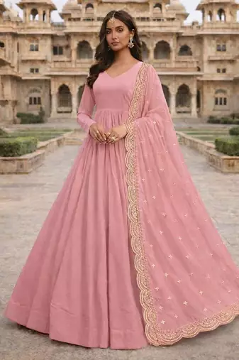 Baby pink georgette stitched anarkali gown with zari embroidered dupatta ethnic wear