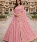 Baby pink georgette stitched anarkali gown with zari embroidered dupatta ethnic wear