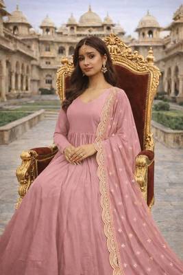 Baby pink georgette stitched anarkali gown with zari embroidered dupatta ethnic wear 2
