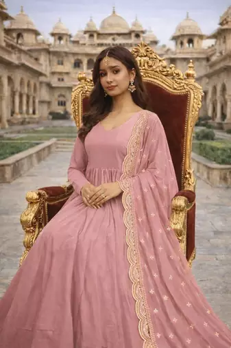 Baby pink georgette stitched anarkali gown with zari embroidered dupatta ethnic wear