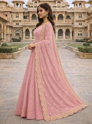 Baby pink georgette stitched anarkali gown with zari embroidered dupatta ethnic wear 3