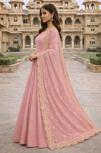 Baby pink georgette stitched anarkali gown with zari embroidered dupatta ethnic wear