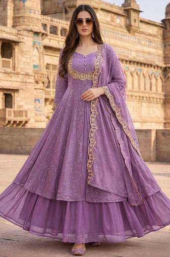 Lavender embroidered vichitra silk fully stitched lehenga set with dupatta