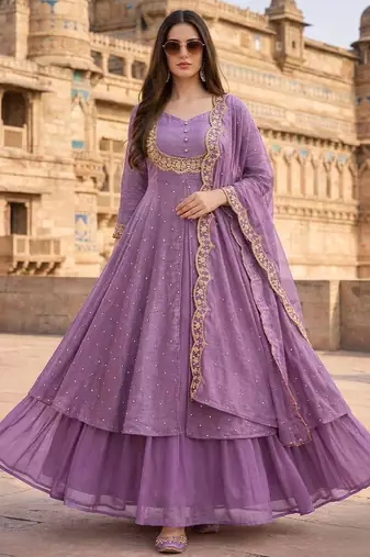 Lavender embroidered vichitra silk fully stitched lehenga set with dupatta