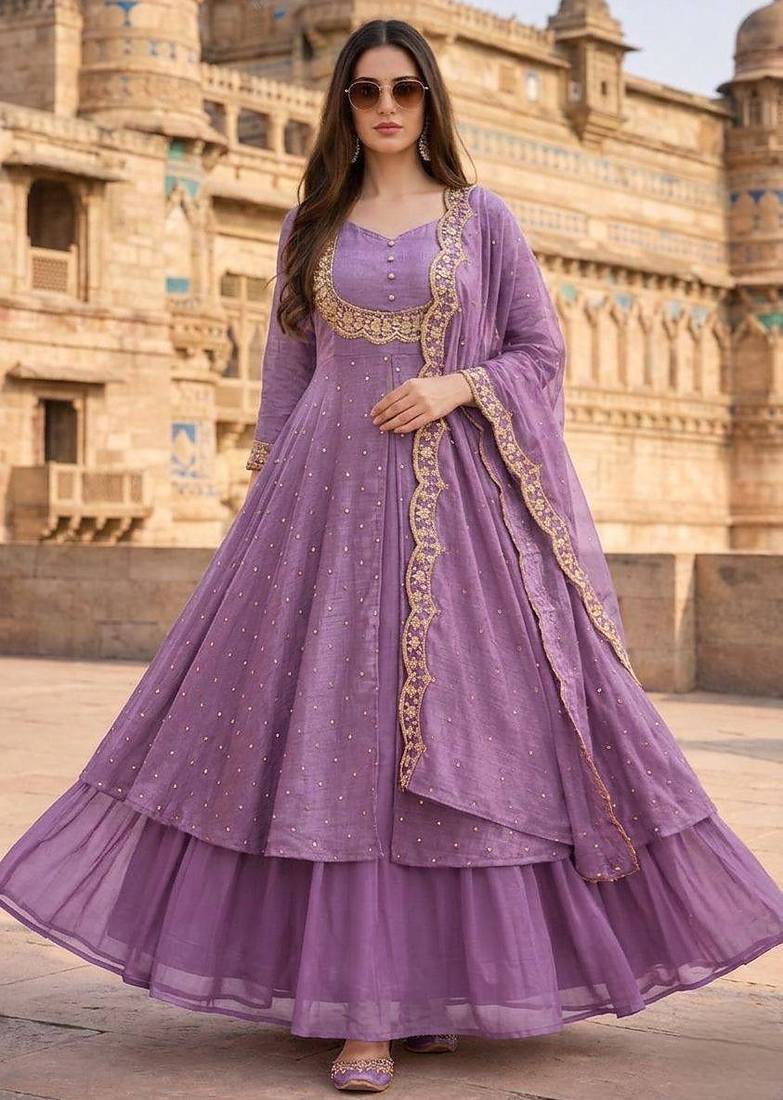 Lavender embroidered vichitra silk fully stitched lehenga set with dupatta
