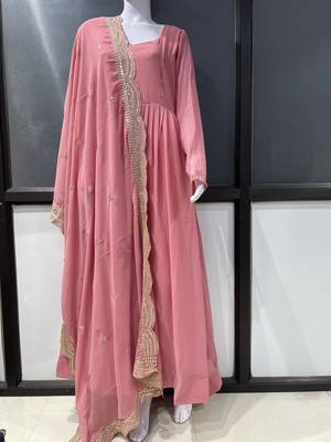 Baby pink georgette stitched anarkali gown with zari embroidered dupatta ethnic wear 4