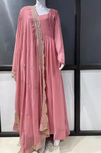 Baby pink georgette stitched anarkali gown with zari embroidered dupatta ethnic wear