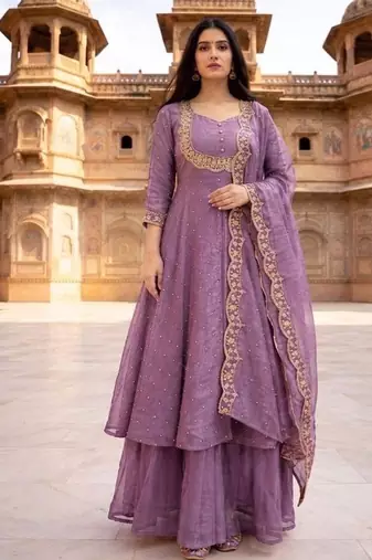 Lavender embroidered vichitra silk fully stitched lehenga set with dupatta