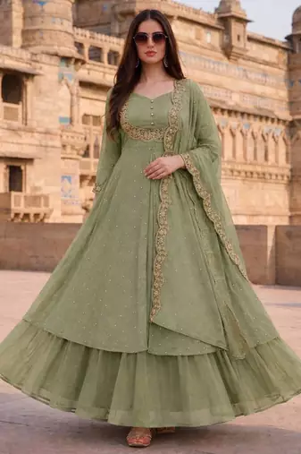 Olive green embroidered vichitra silk fully stitched lehenga set with dupatta