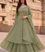 Olive green embroidered vichitra silk fully stitched lehenga set with dupatta