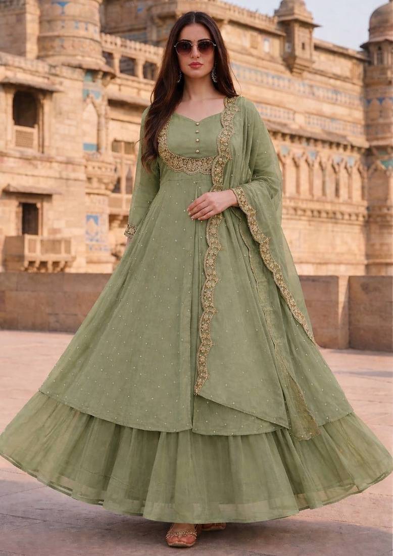 Olive green embroidered vichitra silk fully stitched lehenga set with dupatta