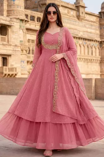 Pink embroidered vichitra silk fully stitched lehenga set with dupatta