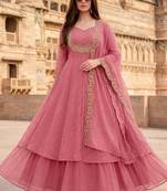 Pink embroidered vichitra silk fully stitched lehenga set with dupatta