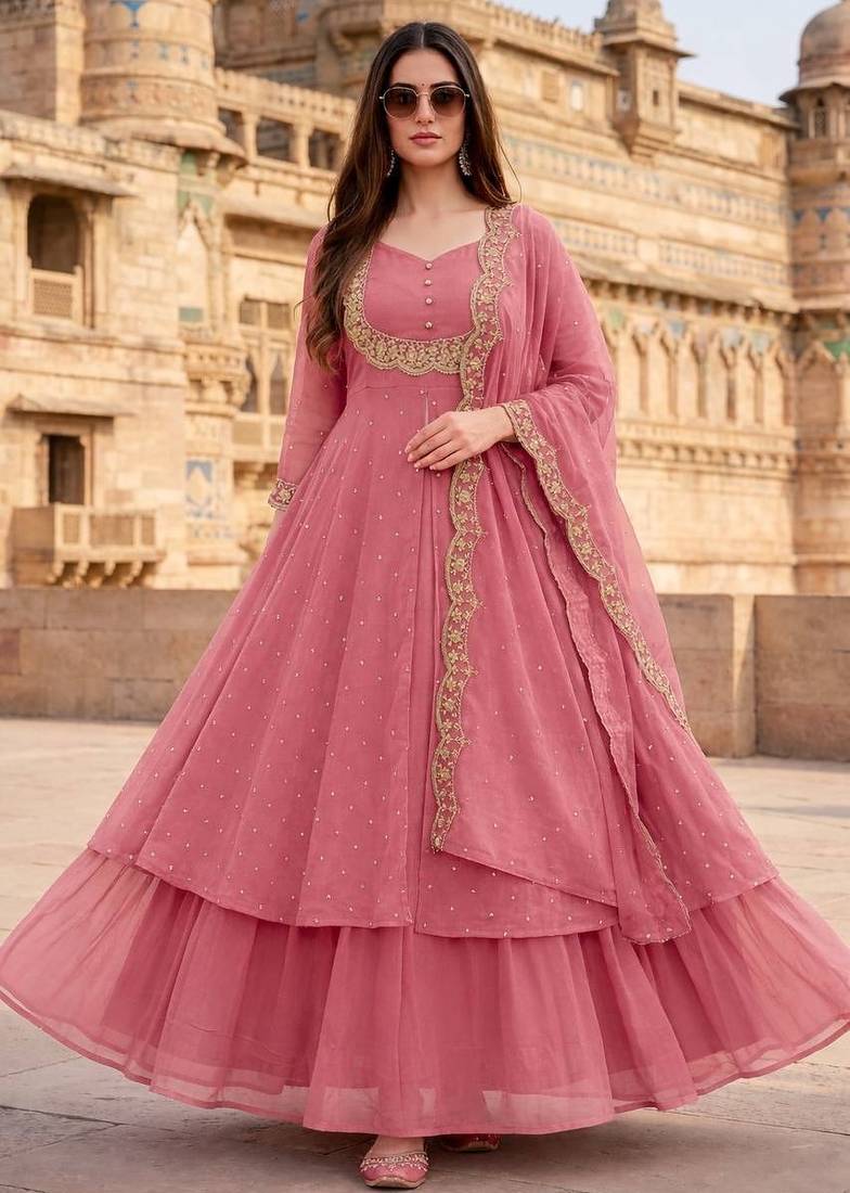 Pink embroidered vichitra silk fully stitched lehenga set with dupatta