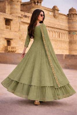 Olive green embroidered vichitra silk fully stitched lehenga set with dupatta 2