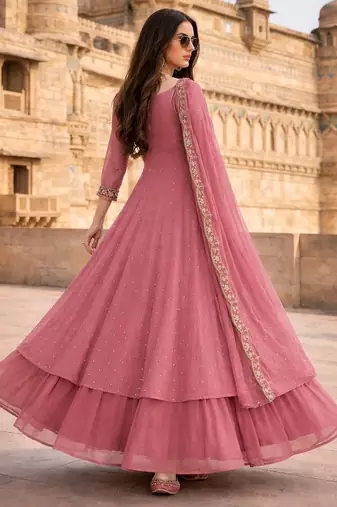 Pink embroidered vichitra silk fully stitched lehenga set with dupatta
