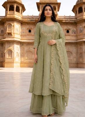 Olive green embroidered vichitra silk fully stitched lehenga set with dupatta 3